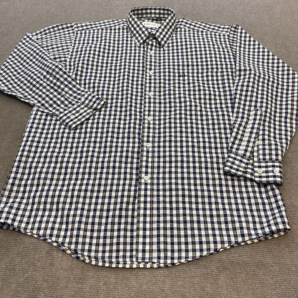 Diesel Shirt Mens Large 16.5 33-34 Knit Plaid Long Sleeve Textured - Picture 1 of 13